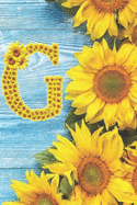 G: Sunflower Personalized Initial Letter G Monogram Blank Lined Notebook, Journal and Diary with a Rustic Blue Wood Background