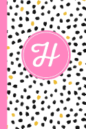 H: Confetti Polka Dot Letter H Monogram Personalized Journal, Black White & Pink Monogrammed Notebook, Lined 6x9 Inch College Ruled 120 Page Perfect Bound Glossy Soft Cover