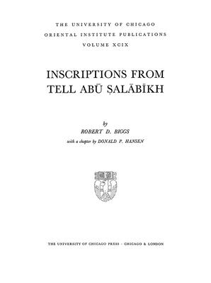Inscriptions from Tell Abu Salabikh - Biggs, Robert D, and Hansen, Donald P