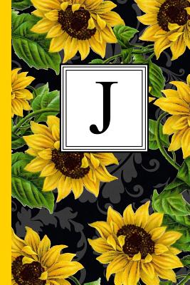 J: Floral Letter J Monogram Personalized Journal, Black & Yellow Sunflower Pattern Monogrammed Notebook, Lined 6x9 Inch College Ruled 120 Page Perfect Bound Glossy Soft Cover - Notebooks, Inspirationzstore Personalize