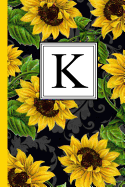 K: Floral Letter K Monogram Personalized Journal, Black & Yellow Sunflower Pattern Monogrammed Notebook, Lined 6x9 Inch College Ruled 120 Page Perfect Bound Glossy Soft Cover