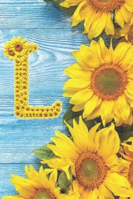L: Sunflower Personalized Initial Letter L Monogram Blank Lined Notebook, Journal and Diary with a Rustic Blue Wood Background - Monogram Sunflower Journals