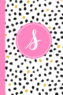 S: Confetti Polka Dot Letter S Monogram Personalized Journal, Black White & Pink Monogrammed Notebook, Lined 6x9 Inch College Ruled 120 Page Perfect Bound Glossy Soft Cover