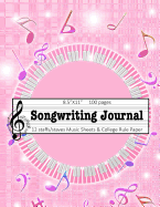 Songwriter Journal: Music Staff and College Rule Lined Paper Notebook Pink Music Note