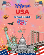 Utforsk USA - Kulturell malebok - Kreativ design av amerikanske symboler: Ikoner fra amerikansk kultur blandet i en fantastisk malebok