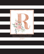 Weekly & Monthly Planner 2019: Black and White Stripes with Rose Gold Monogram Letter C and Pink Flowers (7.5 X 9.25) Horizontal Striped at a Glance Personalized Planner for Women Moms Girls