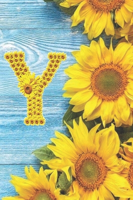 Y: Sunflower Personalized Initial Letter Y Monogram Blank Lined Notebook, Journal and Diary with a Rustic Blue Wood Background - Monogram Sunflower Journals