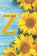 Z: Sunflower Personalized Initial Letter Z Monogram Blank Lined Notebook, Journal and Diary with a Rustic Blue Wood Background